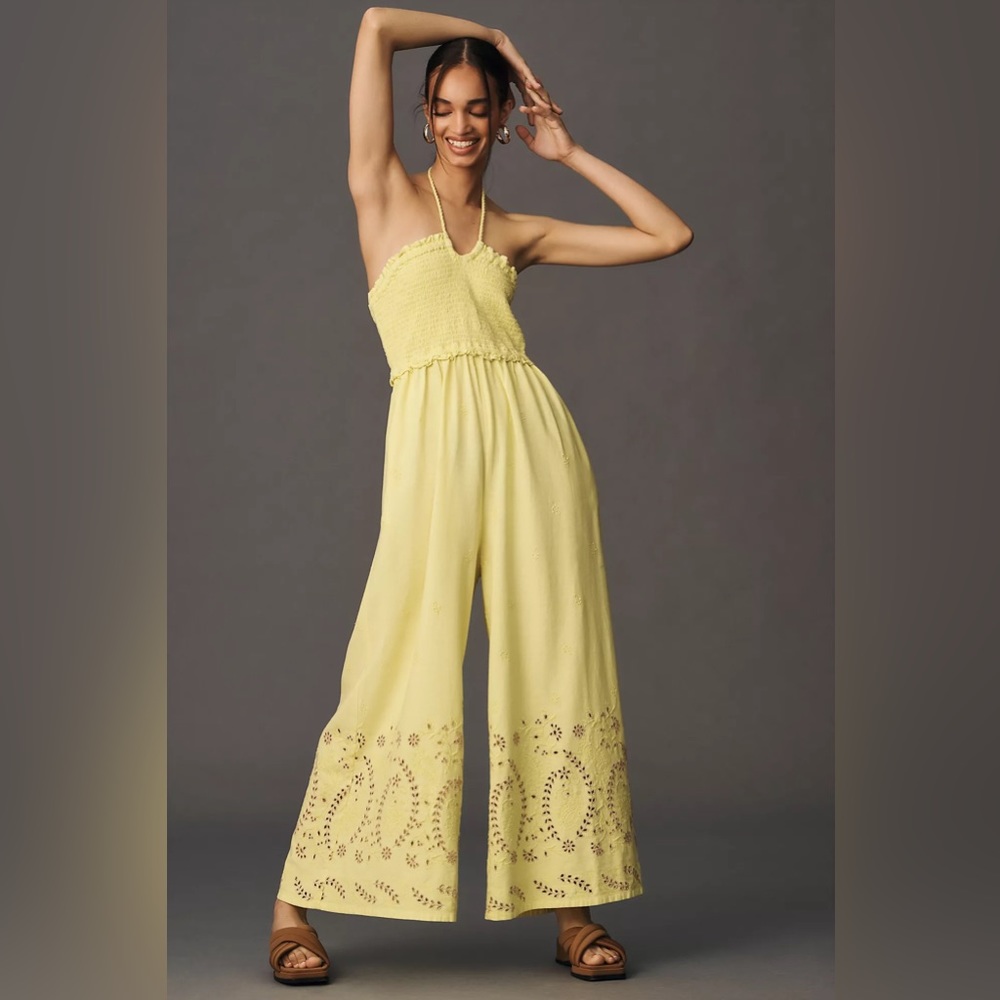 Strapless Embroidered Wide-Leg Eyelet Jumpsuit